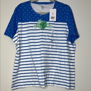 Kim Rogers Blue Polka Dot Tee with Green Leaf Accent
